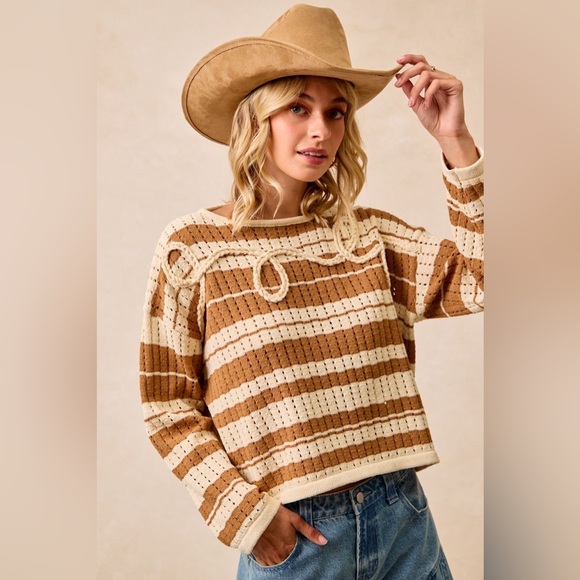 BiBi Striped Open Knit Sweater Top with Front Braided Detail 10010051743 - Picture 4 of 14